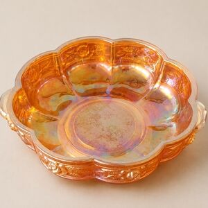 Vintage Jeanette Aztec RoseCarnival Glass Marigold 2 Handled Candy bowl.
